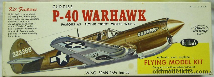 Guillows Curtiss P-40 Warhawk - 16 inch Wingspan Rubber Powered Balsa Wood Kit, 501 plastic model kit